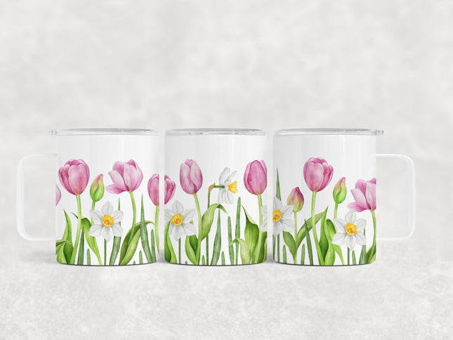 12 Oz Tulips Insulated Stainless Steel Camp Mug With Lid, Personalized Gift, Spring Floral Cup