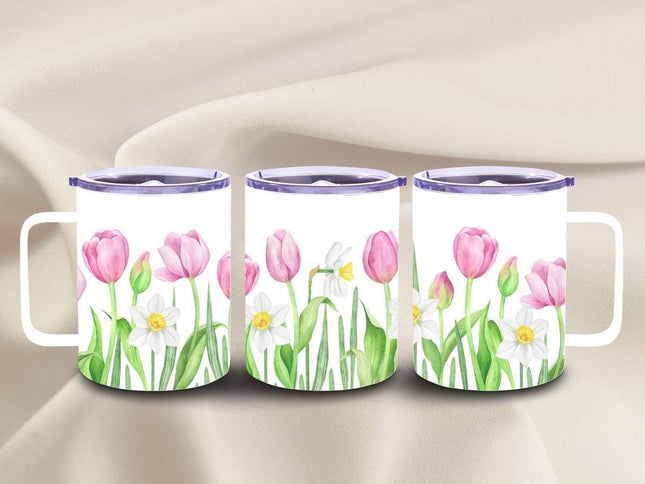 12 Oz Tulips Insulated Stainless Steel Camp Mug With Lid, Personalized Gift, Spring Floral Cup