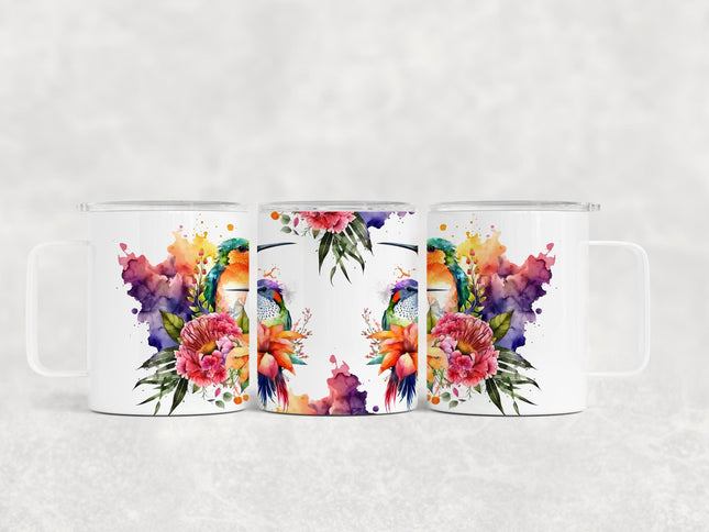 12 Oz Hummingbird Floral Insulated Stainless Steel Camp Mug With Lid, Personalized Gift, Hummingbird Admirer Gift