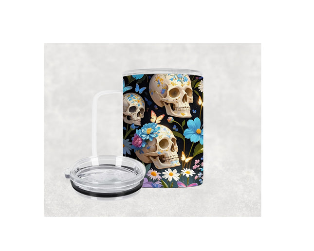 12 Oz Decorated Skull Insulated Stainless Steel Camp Mug With Lid, Personalized Gift, Floral Cup