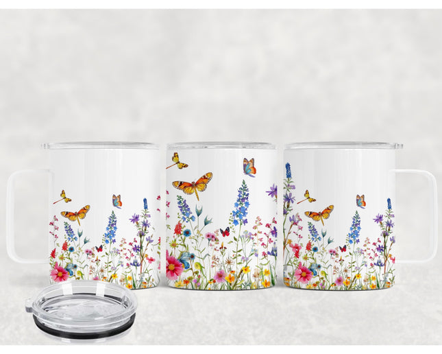 12 Oz Butterflies & Flowers Insulated Stainless Steel Camp Mug With Lid, Personalized Gift, Spring Floral Cup, Butterfly Gift