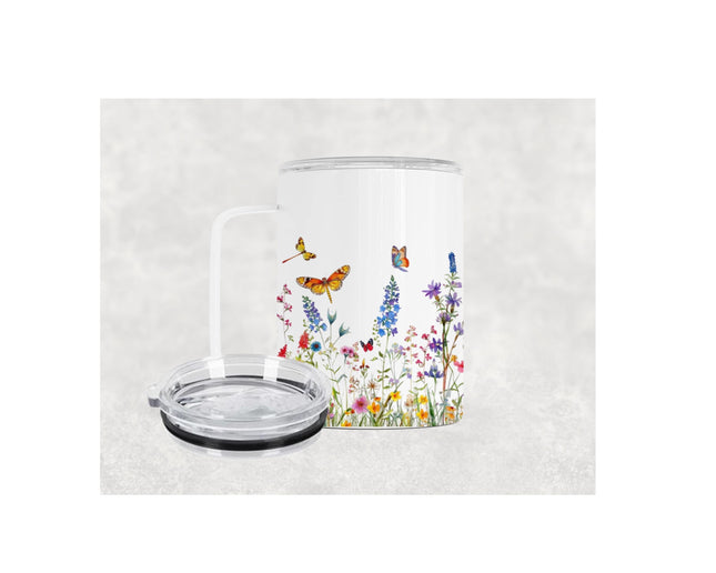 12 Oz Butterflies & Flowers Insulated Stainless Steel Camp Mug With Lid, Personalized Gift, Spring Floral Cup, Butterfly Gift