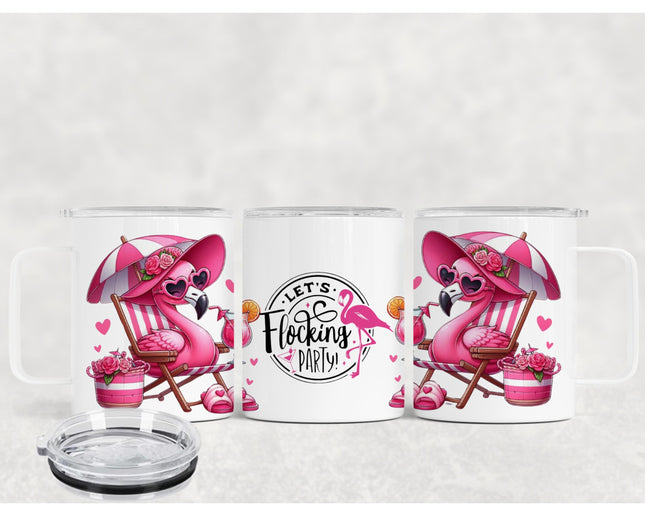 12 Oz Let's Flocking Party Insulated Stainless Steel Camp Mug With Lid, Personalized Gift, Flamingo Gift